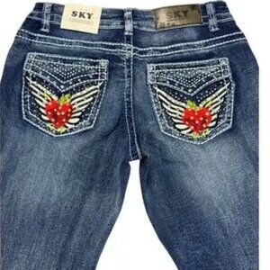 Sky Premium Collection Jeans 9/10 Stone Embellished Bootcut Angel Wings Heart NW